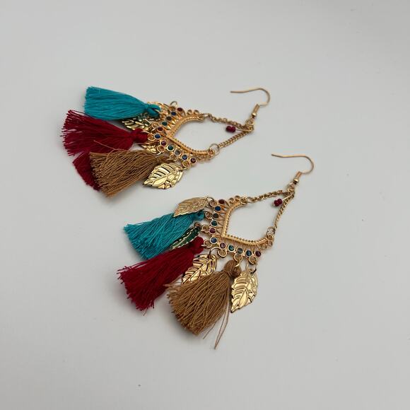 Handmade Multi-colored Tassel Gold Leaf Hook Earrings - Picture 5 of 6